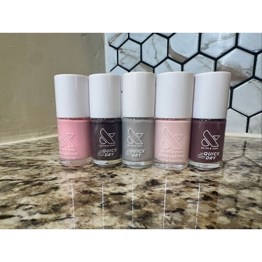 Olive & June 5 Pack of Quick Dry Nail Polish New Multi Color Pink Gray Purple